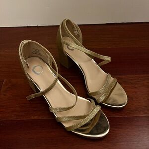 Women's Gold Strappy Block Heel Sandals with Ankle Strap